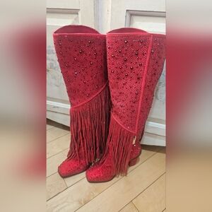 Jessica Simpson Red Heeled Boots with Fringe